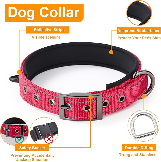 Annchwool No Pull Dog Harness, Collar & Leash Set|Reflective Dog Harness+Heavy Duty Dog Collar+Dog Leash with Double Handle & Car Seatbelt Clip|Easy for Walking Medium Large Size Dogs(Red,XL)