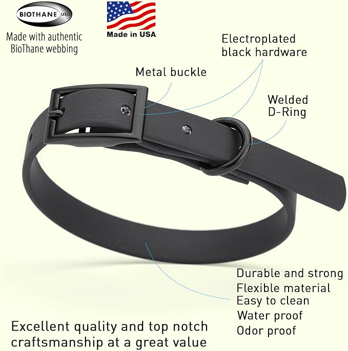 Dogline Biothane Coated Webbing Dog Collar with Black Metal Hardware: Durable Easy-Clean Everyday Collar for Dogs - Comfortable Adjustable Odor-Resistant Pet Collar, W1/2" x L9-12, Black