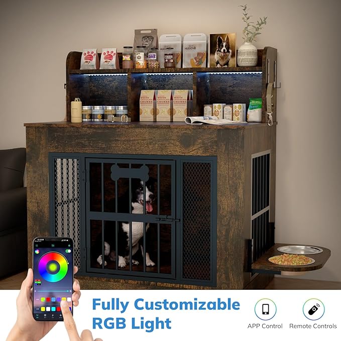 Petrova Dog Crate Furniture, 34inch Wooden Dog Kennel Indoor for Small Dogs, Heavy Duty Dog Cage with 2 Stainless Steel Food Bowls, Led Light, 4 Hooks, Hidden Decorative Pet Cage