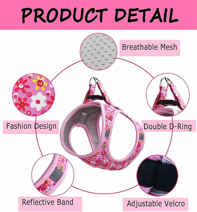 Moonpet Step in Dog Harness Leash Set- All Weather Reflective No-Pull Floral Pattern Padded Mesh Vest Harness for Cats Puppy Extra-Small Small Medium Large Dogs - Pink Flower - XL