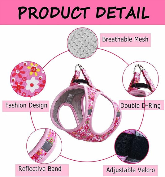 Moonpet Step in Dog Harness Leash Set- All Weather Reflective No-Pull Floral Pattern Padded Mesh Vest Harness for Cats Puppy Extra-Small Small Medium Large Dogs - Pink Flower - XL