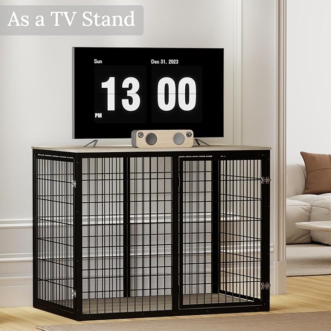 48" Dog Crate Furniture for Medium Large Dogs, Indestructible Large Dog Kennel Indoor with 3 Doors, Wooden Dog Cage Side End Table, Heavy Duty XL Dog Crate, Gray