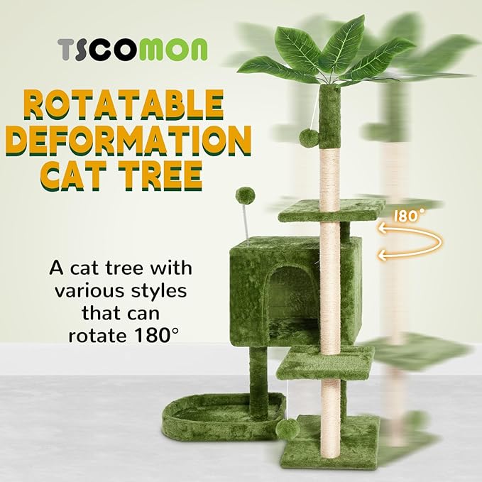 52" Cat Tree Cat Tower for Indoor Cats with Green Leaves, Multi-Level Cozy Plush Cat Condo Cat House Scratching Posts for All Breeds Sizes