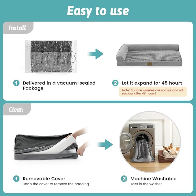 Orthopedic Dog Bed for Medium Small Size Dog, Faux Fur Pet Sofa, Foam Bolster Couch with Waterproof Lining Cover, Anti-Slip, Washable, L-Shaped, M 30x20x6.5 inch, Grey