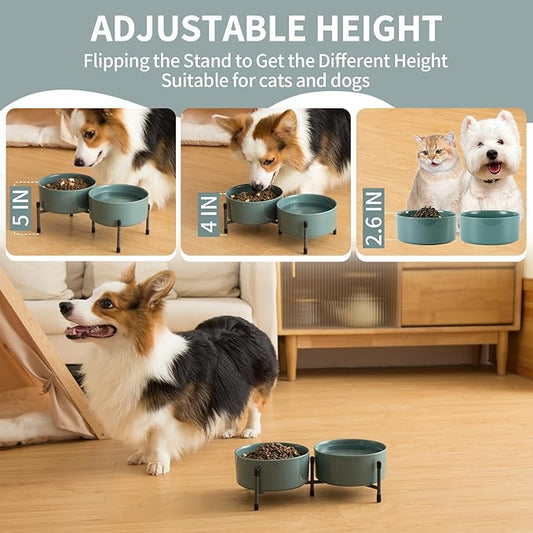 AOMRYOM 32 OZ Dog Bowls with Elevated Metal Stand, 6 Inch Ceramic Cat Bowl Dish for Food and Water, Pet Feeder Bowls for Cats & Dogs - Set of 2, Blue-Grey