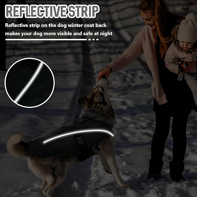 DENTRUN Winter Warm Dog Coat Reflective Jacket with Turtleneck for Cold Weather, Adjustable Buckle Windproof Water Repellent, Thick Snowsuit Fleece Vest for Small, Medium, Large Dogs, Black, XL