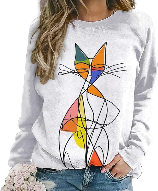 Biacolum Long Sleeve Shirts for Women Mid Century Retro Style Atomic Cat 3D Graphic Sweatshirts Fall Crewneck Pullover Top