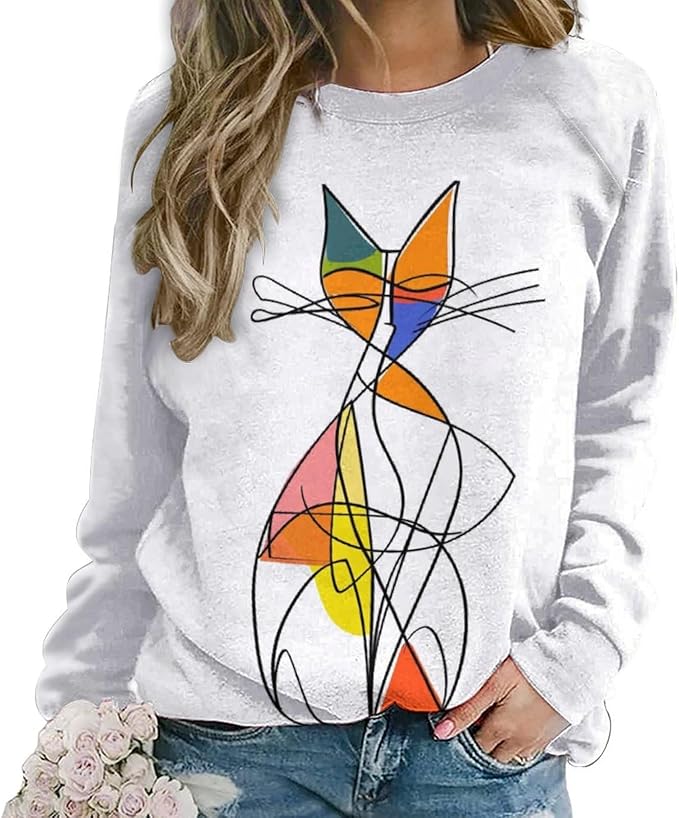 Biacolum Long Sleeve Shirts for Women Mid Century Retro Style Atomic Cat 3D Graphic Sweatshirts Fall Crewneck Pullover Top