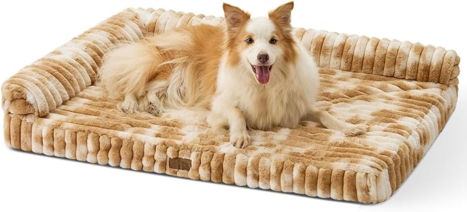 Cute Dog Bed, Faux Fur Orthopedic Foam Dog Bed with Sides, Removable Washable Cover & Waterproof Lining, Comfortable Pet Couch for Large Dogs, Tie-Dye Brown (44" L x 32" W x 7" Th)
