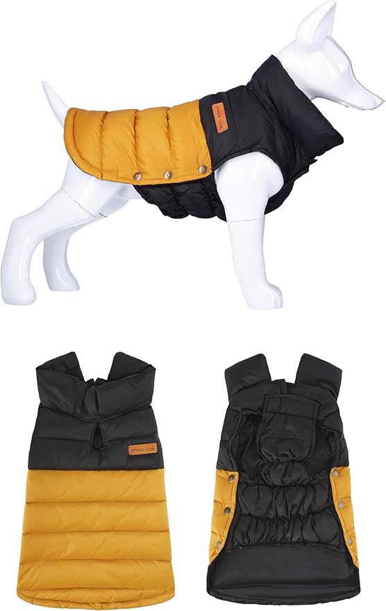 SPACE LION Dog Puffer Jacket, Down Winter Coat, Durable Outdoor Coat for Cold and Windy Conditions, Lightweight & Adjustable Fit Coats for Large Dogs, (BlackKhaki, Size24/2XL)
