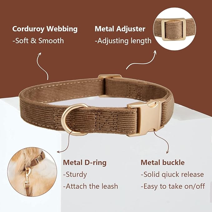 Soft Corduroy Dog Collar and Leash Set Adjustable Durable Dog Collars with Metal Buckle and Lead for Large Dogs,Brown