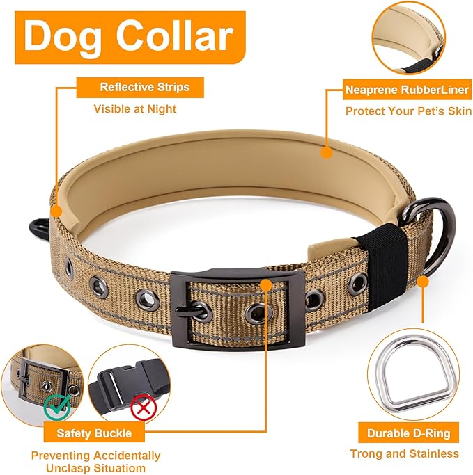 Annchwool No Pull Dog Harness, Collar & Leash Set|Reflective Dog Harness+Heavy Duty Dog Collar+Dog Leash with Double Handle & Car Seatbelt Clip|Easy for Walking Medium Large Size Dogs(Brown,L)