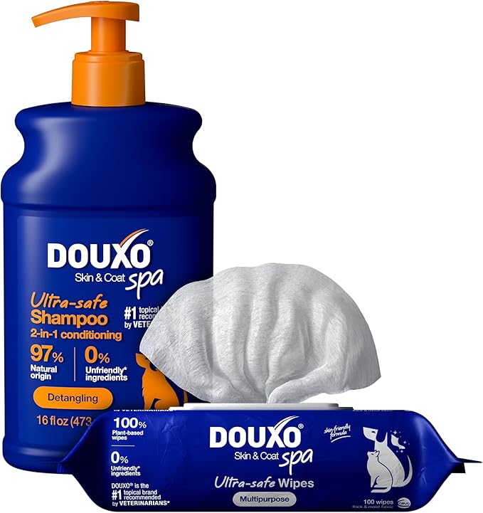 DOUXO® Skin & Coat SPA – Ultra-Safe Combo for Dogs, 2-in-1 Conditioning Shampoo (16 fl oz, Cleanses & Conditions) + Multipurpose Wipes (100 Count, Refreshes Coat)