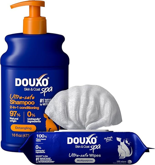 DOUXO® Skin & Coat SPA – Ultra-Safe Combo for Dogs, 2-in-1 Conditioning Shampoo (16 fl oz, Cleanses & Conditions) + Multipurpose Wipes (100 Count, Refreshes Coat)
