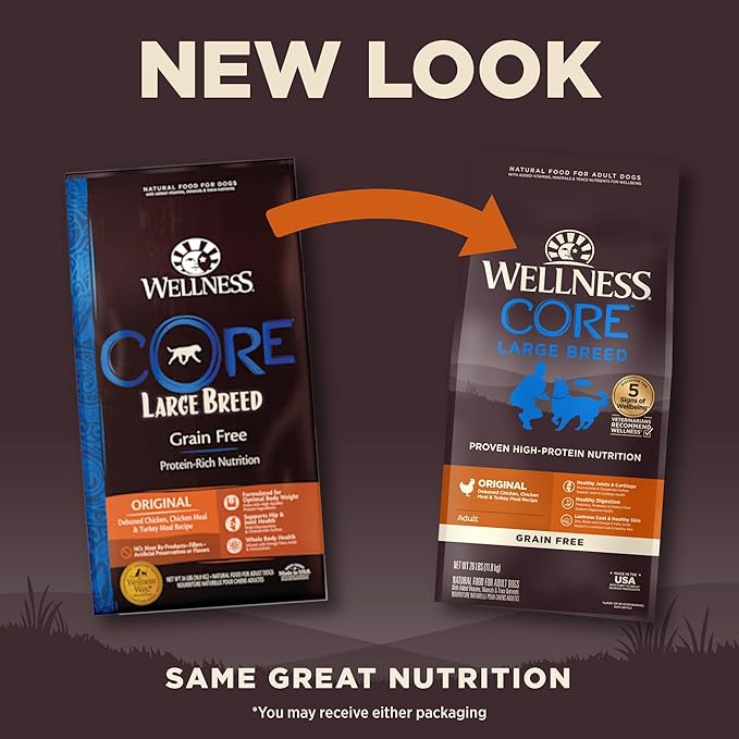 Wellness CORE Dry Dog Food, Large Breed, Grain-Free, High Protein, Natural, Original Chicken & Turkey Recipe, (26-Pound Bag)