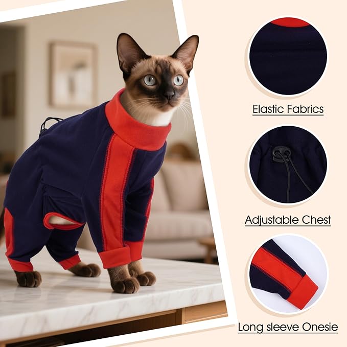 DENTRUN Cat Clothes with Anti-Shedding Fabric - Soft Recovery Suit & Breathable Lint-Resistant Cat Sweater for Wound Care & Hair Control, Kitten Onesie Pajamas, L, Dark Blue