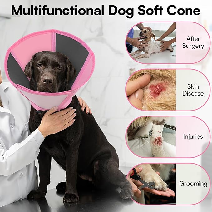 Queenmore Dog Cones for Large Dogs, Adjustable Dog Cone Collar After Surgery, Soft Cone for Dogs, Comfortable Recovery Cones Alternative for Pets to Stop Licking (Light Pink,XL)