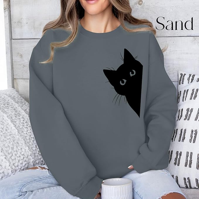 Cat Sweatshirts for Women Graphic Print Sweatshirt Funny Long Sleeve Shirt Cute Pullover Lightweight Hoodie Tops