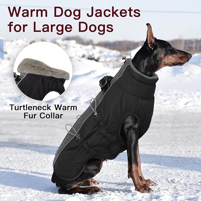 Dog Coat Winter Warm Dog Jackets for Large Dogs Reflective Snowsuit with Harness Fleece Dogs Snow Jacket Waterproof Pet Clothes for Cold Weather