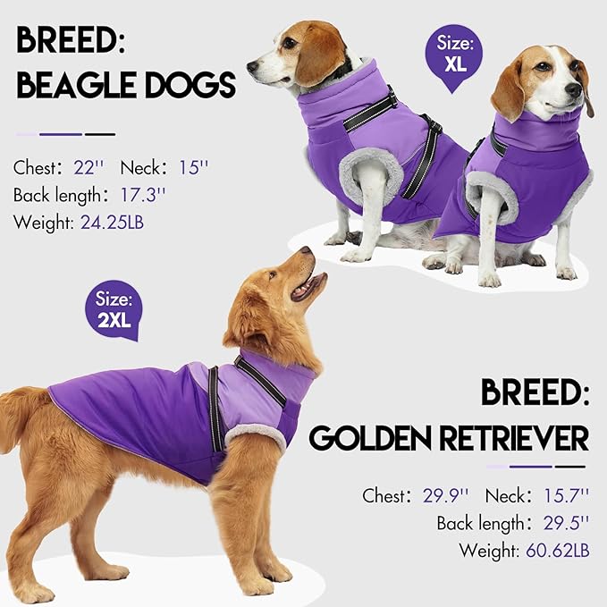 Dog Jacket with Harness, Warm & Waterproof, Fleece Lined Puffer Jacket for Large Dogs, Winter Snow Coat