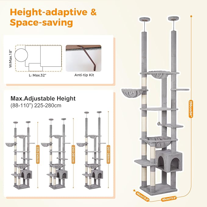 Floor to Ceiling Cat Tree Corner Cat Tower with Adjustable Height 88.9-109 inches (226-279cm) with Large Hammocks,Condo,Multi Platforms and Scratching Post for Indoor Cats-Gray Dual Posts