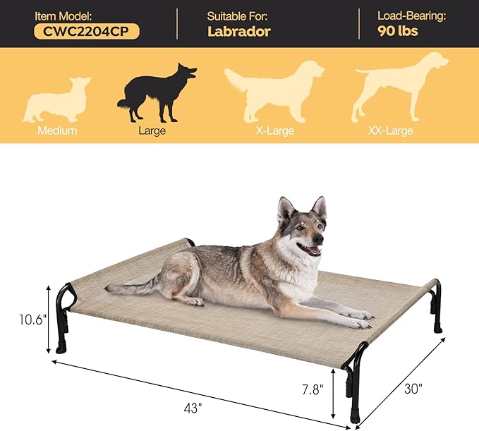 Veehoo Outdoor Elevated Dog Bed, Raised Dog Cot for Large Dogs, Cooling Washable Waterproof Pet Hammock Beds with Slope Headrest, Breathable Mesh and Sturdy Frame, Large, Beige Coffee, CWC2204