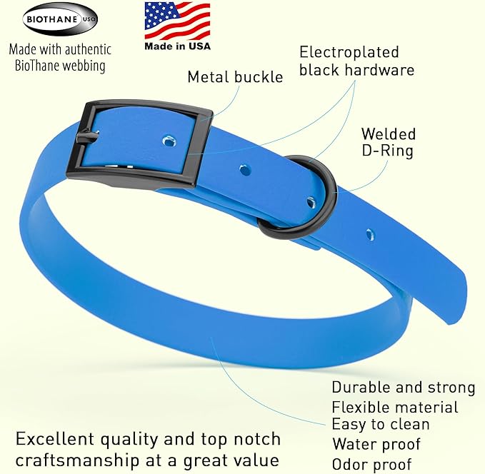 Dogline Biothane Coated Webbing Dog Collar with Black Metal Hardware: Durable Easy-Clean Everyday Collar for Dogs - Comfortable Adjustable Odor-Resistant Pet Collar, W5/8" x L12-15, Cerulean Blue