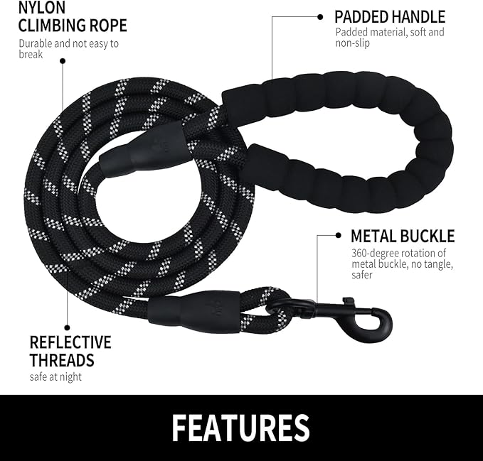 5/6 FT Strong Pet Dog Leash with Soft Padded Handle,Highly Reflective Rope for Night Walking,360-Degree Rotating Metal Buckle Without Tangles,Suitable for Small,Medium and Large Dogs.(6ft)