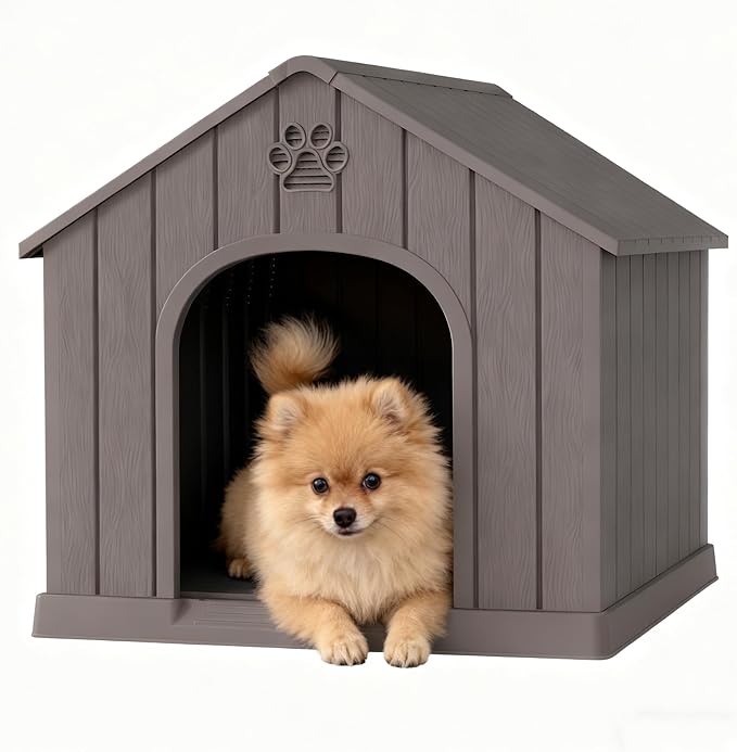 Fancyango Dog House Outdoor Indoor for Medium Large Dogs, Sturdy Plastic Waterproof Doghouse with Air Vents and Elevated Floor, Easy Clean and Assemble (Grey, 26.18''L × 24.02''W × 25.98''H)