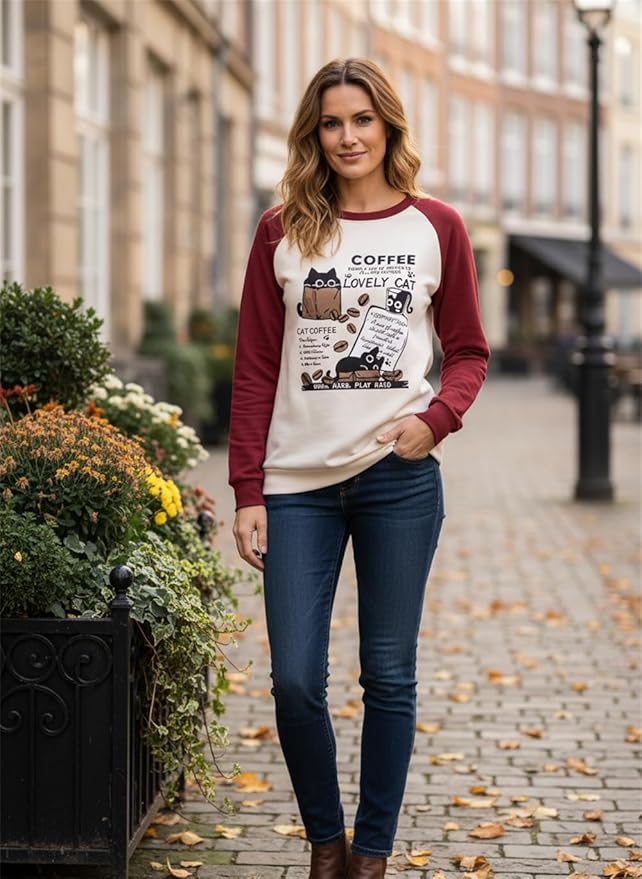 IVERIRMIN Women's 3D Cute Cat Print Sweatshirt Casual Long Sleeve Crewneck Cute Cat Pullover Loose Fit Shirts