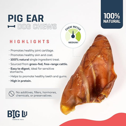Big Lu – Whole Pig Ears for Dogs, 6 Count, All-Natural Single-Ingredient Pork Treats for Medium and Large Dogs, Easily Digestible, Supports Joint Health with Glucosamine and Chondroitin