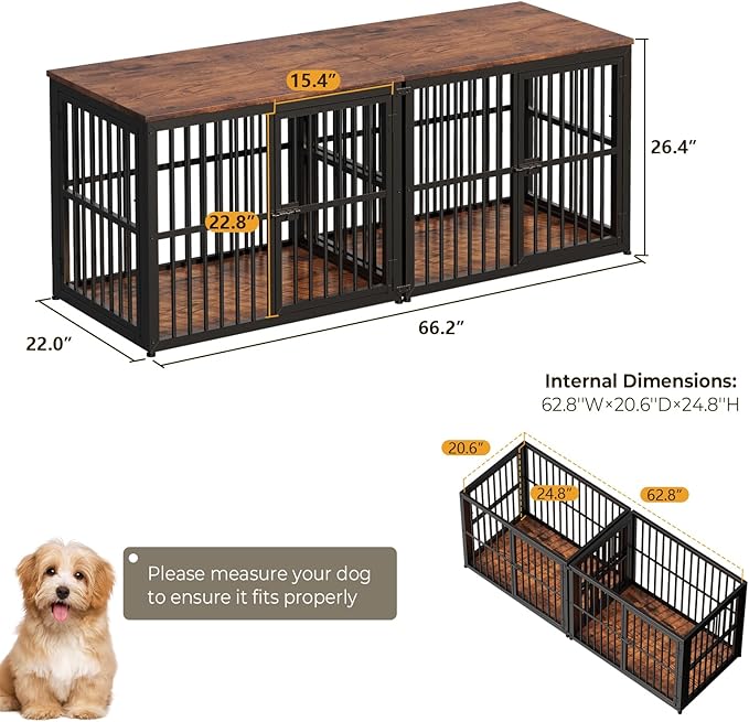 Lyromix 66'' Dog Crate Furniture with Double Rooms,Wooden Crate TV Stand with Removable Divider, Heavy Duty Indoor Puppy Cage Kennel for Small to Medium Dogs, Can Use Separately, Rustic Brown