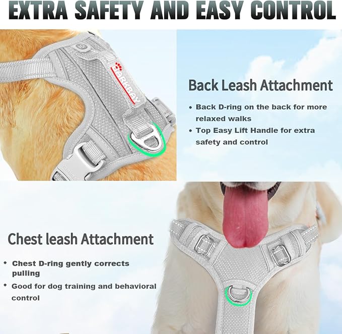 BARKBAY No Pull Dog Harness Large Reflective Dog Harness with Front Clip and Easy Control Handle for Walking Training Running with ID tag Pocket(Grey,XS)
