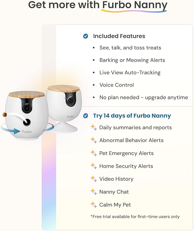 Furbo [New Mini 360° Camera + Mini Cam (2-Camera Bundle Nanny Pro Subscription): Pet Safety Alerts, Dog & Cat Cameras with Speaker, Phone App & Night Vision (New Subscription Needed at Setup)