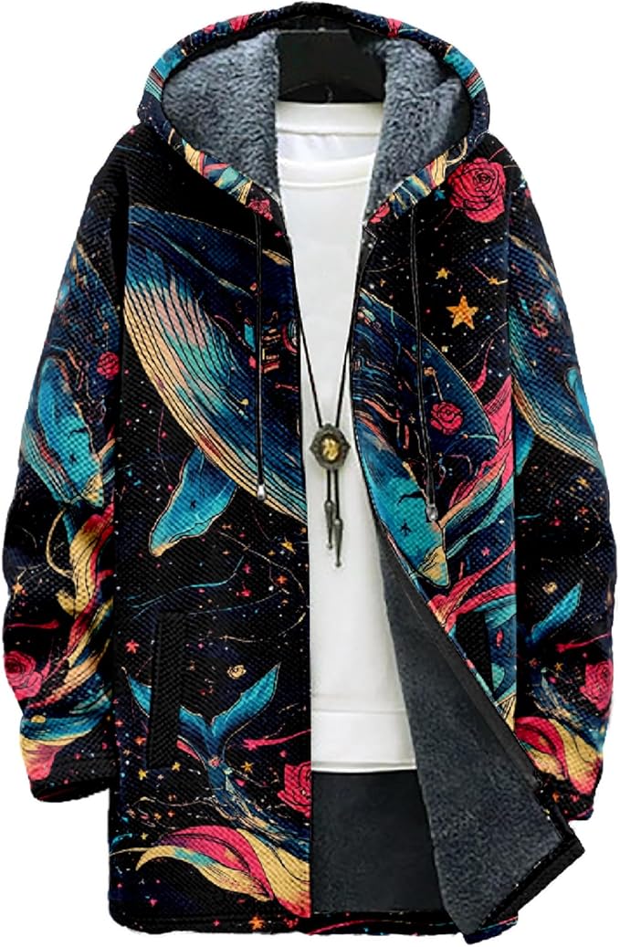 MARSVOVO Cool Hippie Long Cardigan Hoodies for Men Zipper Fleece Lined Knit Coat Skull Animal Print Graphic Jackets