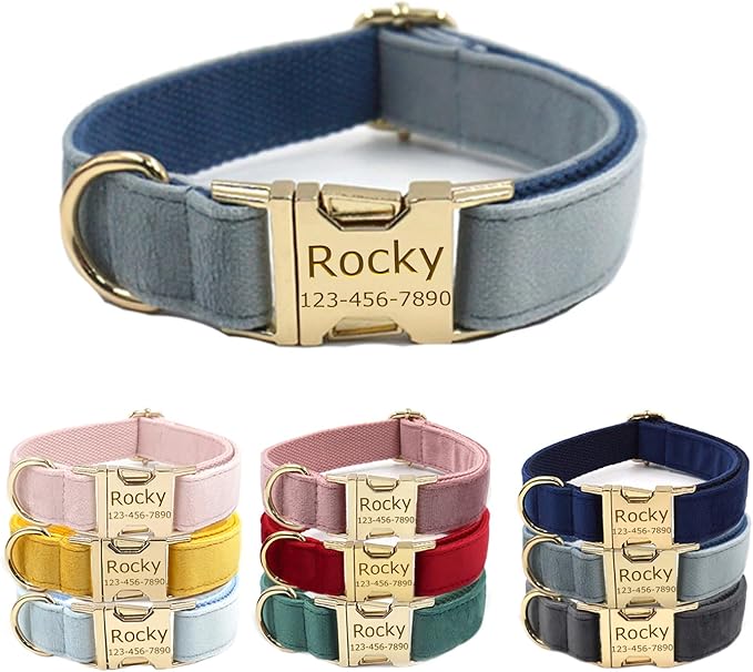 Personalized Velvet Dog Collars with Pet Name Phone Number Engraved, Custom Adjustable Soft Collar with Metal Buckle for Small Medium Large Dogs, Dog Leash and Bow Tie Available -Haze Blue