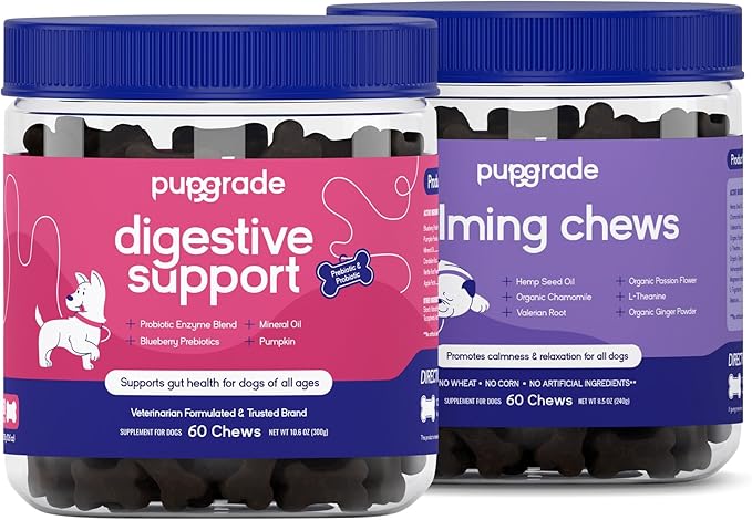 PupGrade 2-Pack Calming and Digestive Support Chews for Dogs - Natural Muscle Relaxant - Prebiotic and Probiotic Supplement with Enzyme Blend - 120 Chews Total