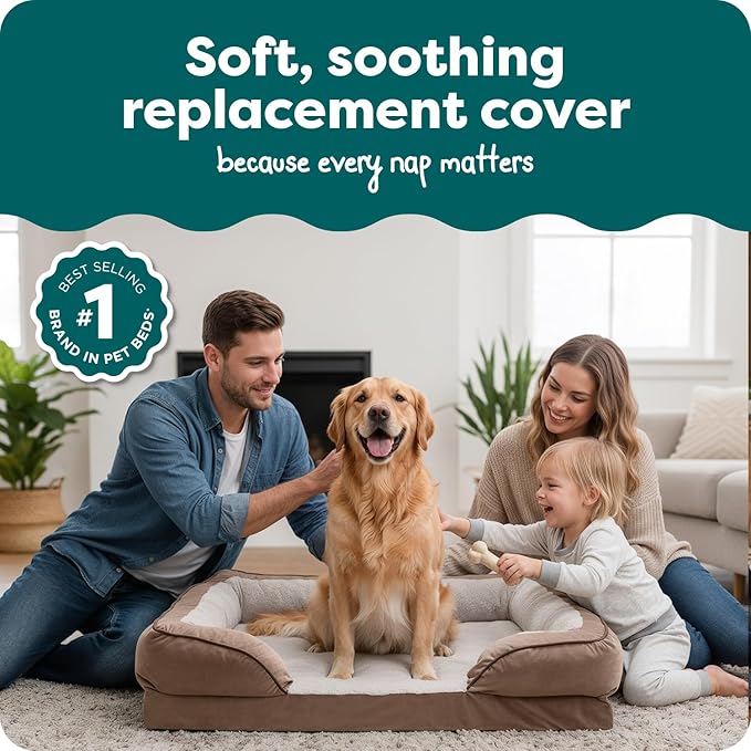 FurHaven Dog Bed Cover Replacement, Sofa-Style Design with Soft, Breathable Fabric for Cozy Comfort, Machine Washable, Jumbo/XL, Plush & Velvet Waves, Brownstone