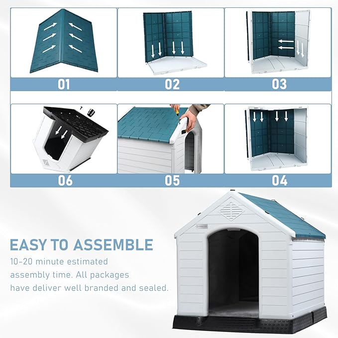 LEMBERI Durable Waterproof Plastic Dog House for Small to Large Sized Dogs, Indoor Outdoor Doghouse Insulated Puppy Shelter with Elevated Floor, Easy to Assemble (Blue with Liner, 42''L*38''W*39''H)