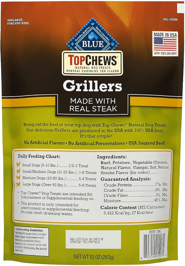 Top Chews Natural Dog Treats – Grillers Made with Real Steak – 32 Oz (907 g) – USA Beef #1 Ingredient, No Artificial Preservatives, No Corn, Wheat or Soy
