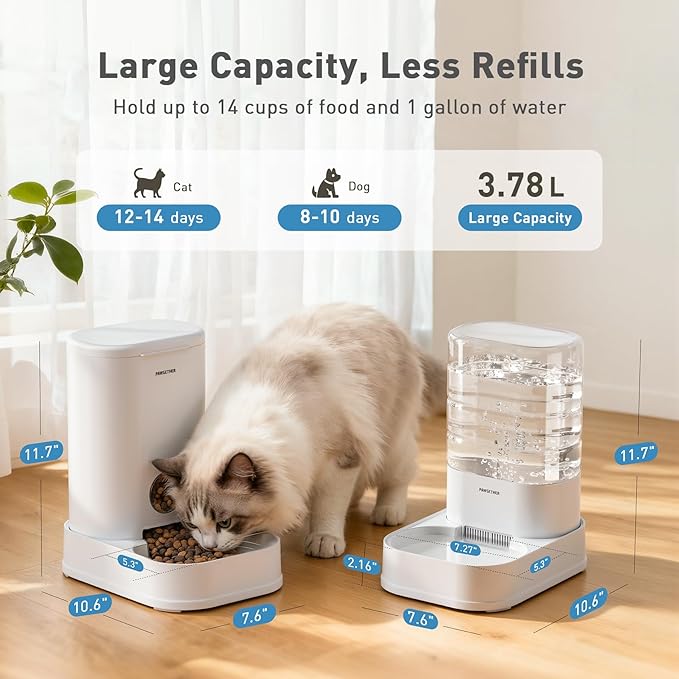 PAWGETHER® 2 Pack Gravity Cat Feeder and Water Dispenser 1 Gallon/3.5L Automatic Cat and Dog Feeder and Watererer with Pet Food Bowl for Puppy Kitten Rabbits