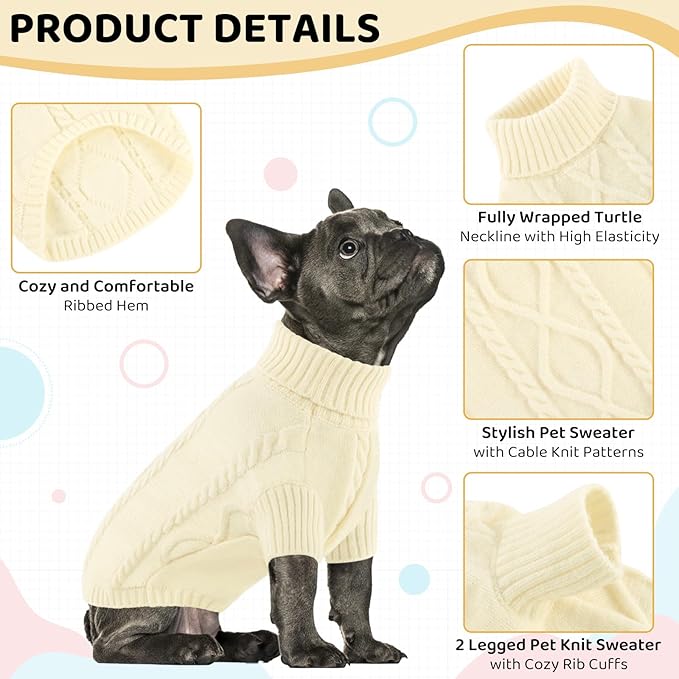 Queenmore Dog Sweater Large Size,Warm Dog Sweaters for Big Dogs,Chunky Knitted Doggy Sweater for Extra Large Dogs Boy Girl, Big Doggie Turtleneck Winter Outfit (White,2XL)