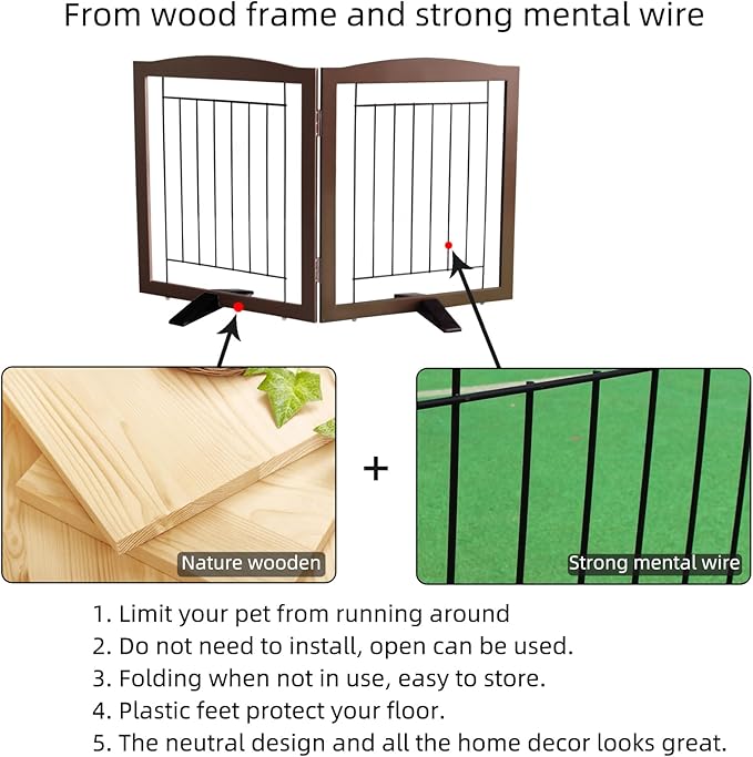ZJSF Freestanding Dog Fence Indoor, Foldable Dog Gate for Doorways, Stairs or Hallways, Sturdy Wood Extra Wide Pet Gate with Support Feet for The House, Brown, 24 "Height-2 Panels