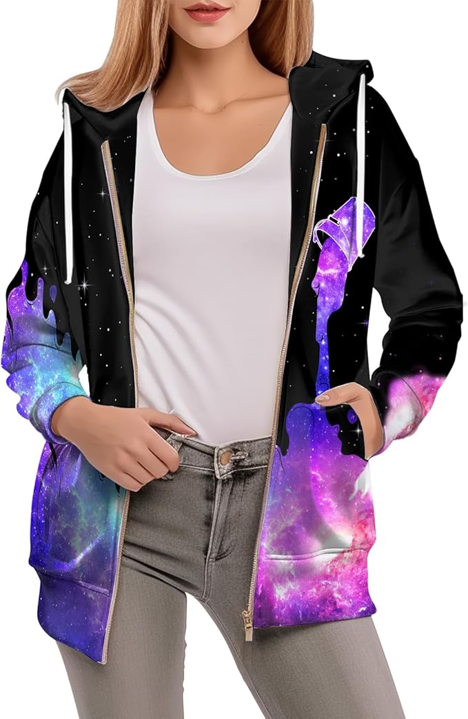 Women's Zip Front Plaid Sweatshirts Print Hoodie Fall Jackets Long Sleeve Casual Drawstring Clothes