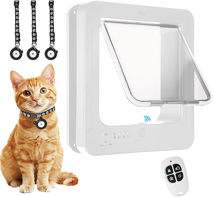 Smart Cat Door for Interior & Exterior, Cat Pet Door with 3 Collar Sensor Keys & 1 Remote Control & 4 Way Locking Cat Flap with RFID Collar Activated Opening Cat Door (White)
