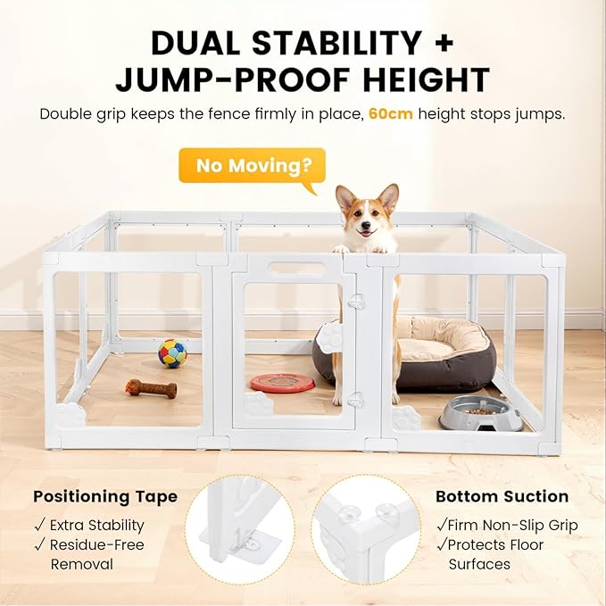 WICHEMI Acrylic Dog Playpen Indoor 10 Panels, Dog Play Pen Indoors 23.6" H, Puppy Play Pen with Double Door Lock, Small Animal Playpen with Suction Cup, White