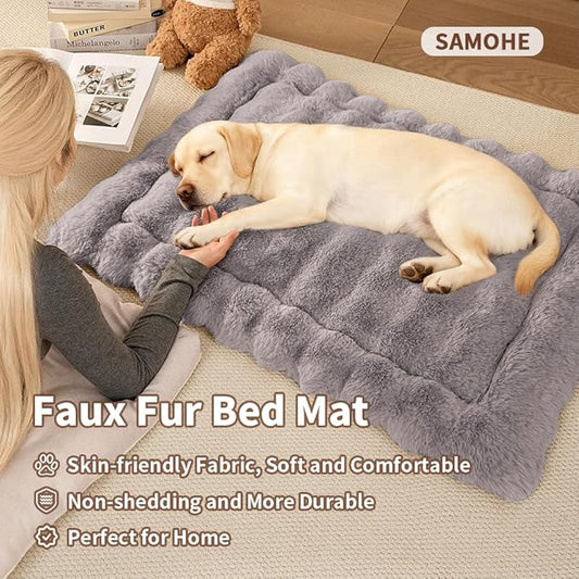 Cat Beds for Indoor Cats Faux Fur Pet Pad Mat Plush Kitten Bed with Non-Slip Bottom for Carriers/Couch Dog & Puppy Friendly 35 x 27 Inch X-Large Gery