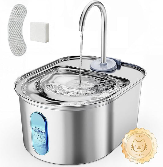 Cat Water Fountain Stainless Steel, 108oz/3.2L Quiet Automatic Cat Fountain for Drinking, Safe Auto Shut-Off, Large Oval Pet Water Dispenser for Dogs Indoor with 1 Replacement Filter