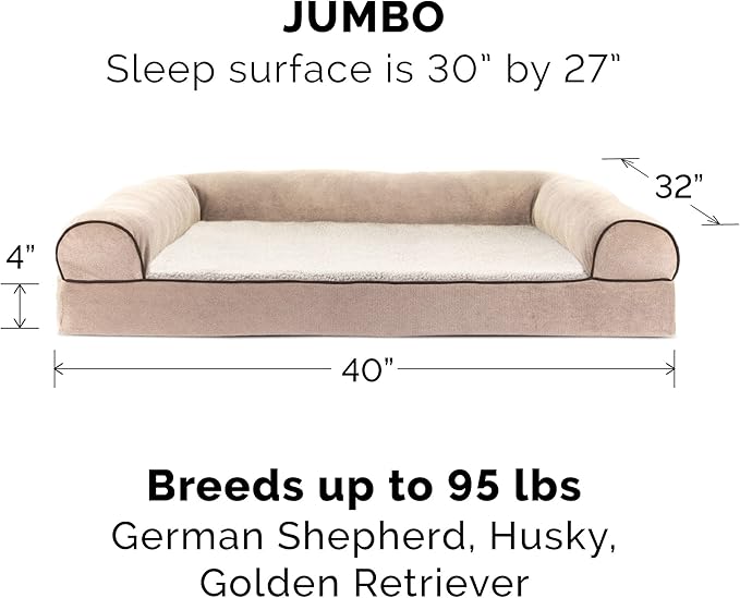 Furhaven Memory Foam Dog Bed for Large Dogs w/ Removable Bolsters & Washable Cover, For Dogs Up to 95 lbs - Sherpa & Chenille Sofa - Cream, Jumbo/XL