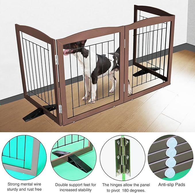 ZJSF Freestanding Dog Fence Indoor, Foldable Dog Gate for Doorways, Stairs or Hallways, Sturdy Wood Extra Wide Pet Gate with Support Feet for The House, Brown, 24 "Height-4 Panels